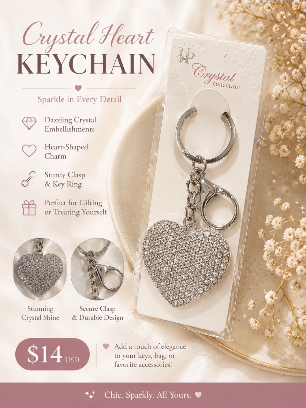Crystal Heart Rhinestone Keychain Purse Charm – Silver Tone